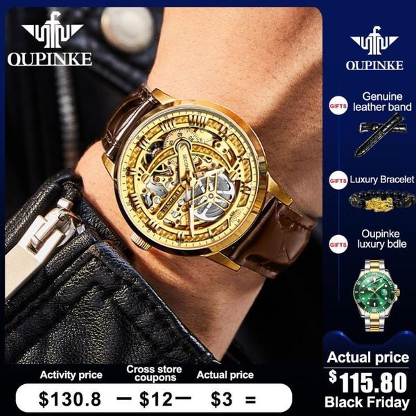 

wristwatches oupinke watch hollow skeleton automatic mechanical genuine leather business wristwatch reloj de los hombres, Slivery;brown