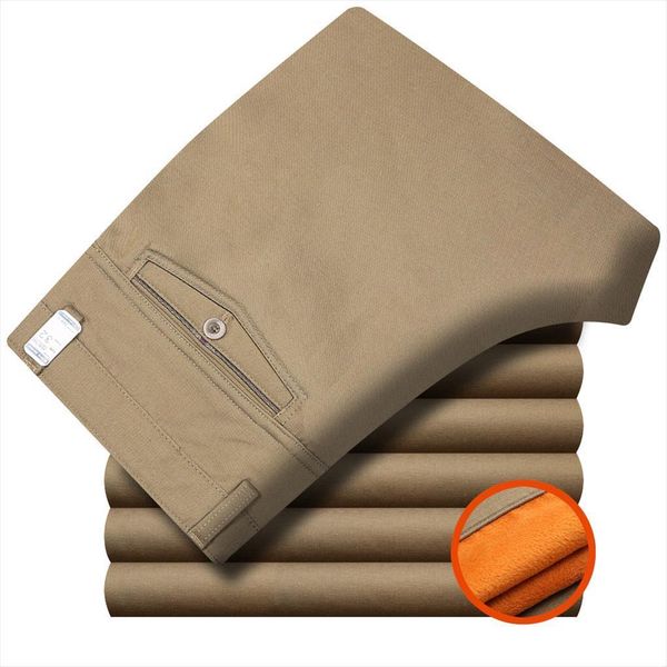 

winter with velvet thicken middle women pant aged casual male high waist straight cotton trousers warm fleece men khaki, Black