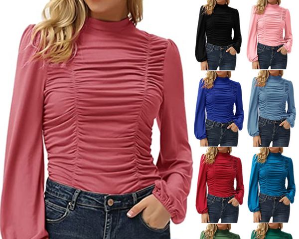 

2021 autumn and winter new style pure long sleeves high necked rues ladies t-shirt, White