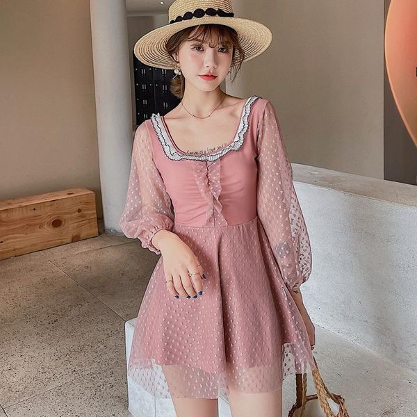 

one-piece suits 2021 plus size lace swimwear female korean summer swimsuit push up padded women skirt tankini long sleeve bathing suit
