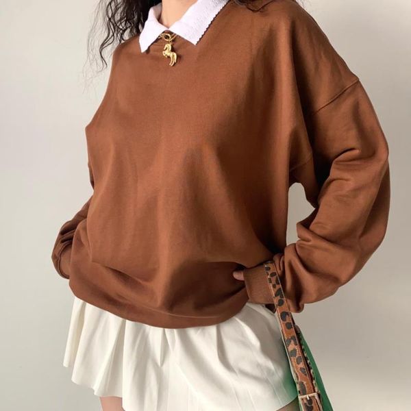 

women's hoodies & sweatshirts vintage y2k oversized fake two piece brown hoodie women neck long sleeve kawaii anime streetwear sweatshi, Black