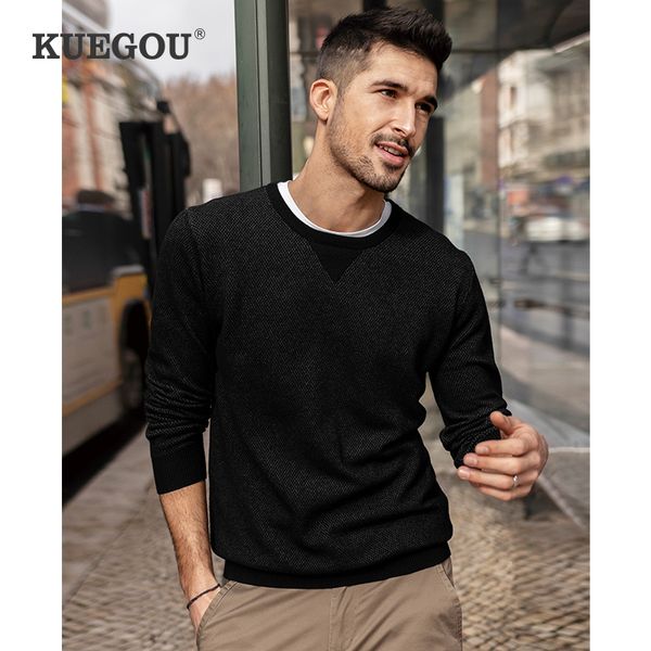 

kuegou 100% cotton autumn winter clothing mens sweater fashion pullovers warm knitted sweaters plus size uez-8944 210524, White;black