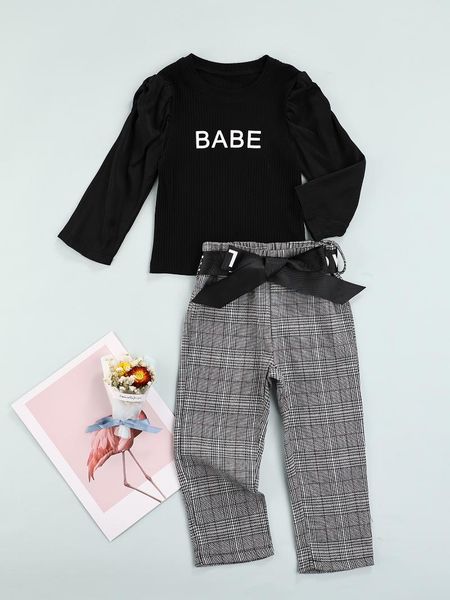 

clothing sets 2pcs fashion little girls outfit autumn toddlers letter printing puff long sleeve round collar plaid pants with belt, White