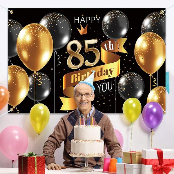 

party decoration happy 85th birthday backdrop banner - 85 decorations supplies for men black gold