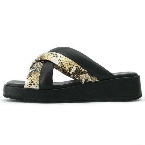 

mixed colors flat platform ladies slippers 2021 summer genuine leatehr shoes for women est wedding working, Black