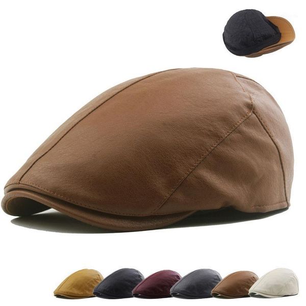 

autumn winter pu leather soft brim cap warm adjustable youth beret man woman hat berets, Blue;gray