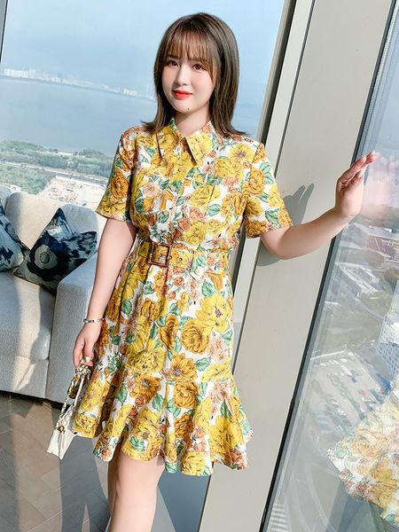 

casual dresses printed lapel belt lotus leaf dress 2021 summer pattern, Black;gray