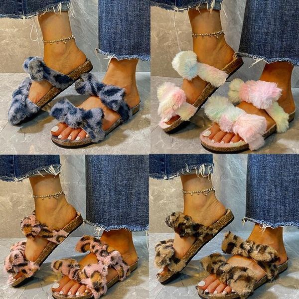 

double-layer bowknot fur fashion one-line shoes plus size leopard print ms slippers 2021 flat home women sandals, Black