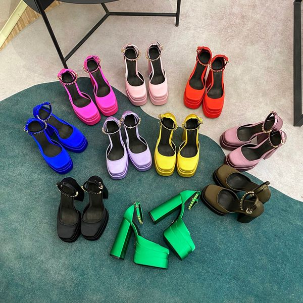 

designer womens luxury high platform sandal wedge pump shoes ladies thick chunky heel square toe ankle strap dress party, Black