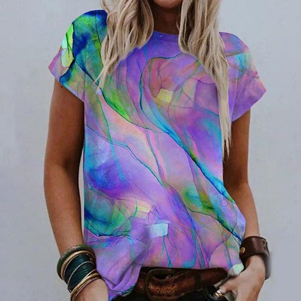 

women's t-shirt fashion 3d gradient print women t-shirts short sleeve summer casual street sport loose tee lady o-neck tie-dye, White