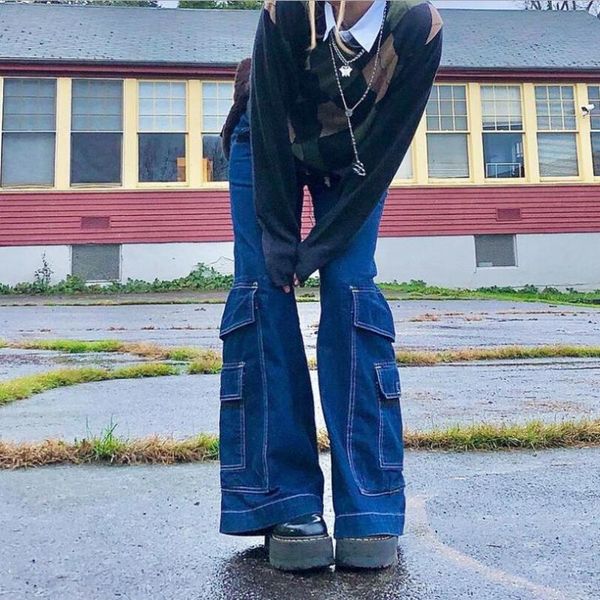 

women's jeans street style boyfriend baggy 90s vintage y2k tooling big pocket wide legs denim pants women high waist trousers w2729, Blue