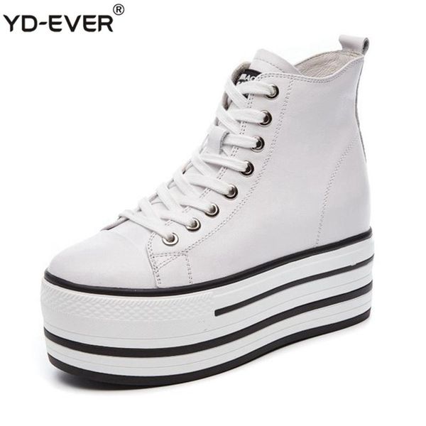 

boots yd-ever 100% genuine leather women high heel platform wedge shoes height increasing lace up casual sneaker, Black