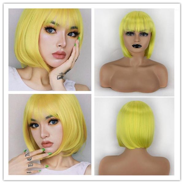 

leeven short bob head wig with bangs synthetic colorful straight natural heat-resistant cosplay daily party for women1, Black