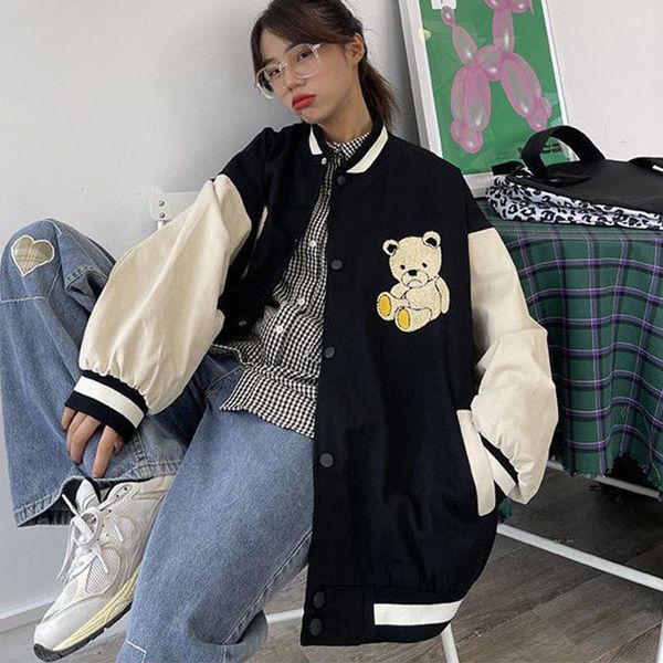 

women's jackets women cute bear embroidery baseball jacket stand-up collar single-breasted loose coats korean style casual uniform, Black;brown