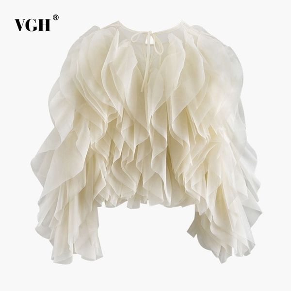 

vgh elegant patchwork ruffle chiffon blouses women o neck lantern long sleeve loose shirt female clothes fashion summer new 210410, White