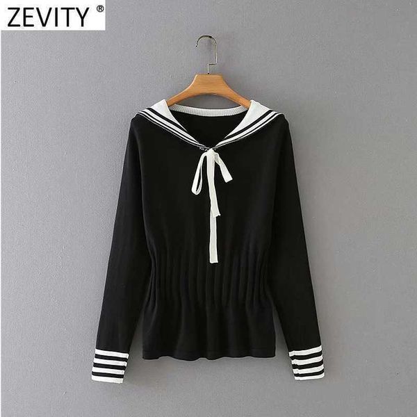 

zevity women preppy style color matching bow tie knitting sweater female chic elastic waist ruffles pullovers s637 210603, White;black