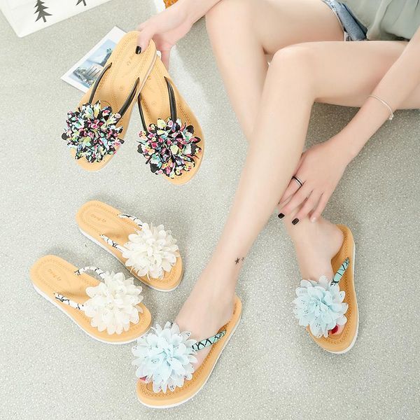 

flip flops summer women shoes handmade mesh flower clip toe flat slides non-slip beach slippers graffiti student big size, Black