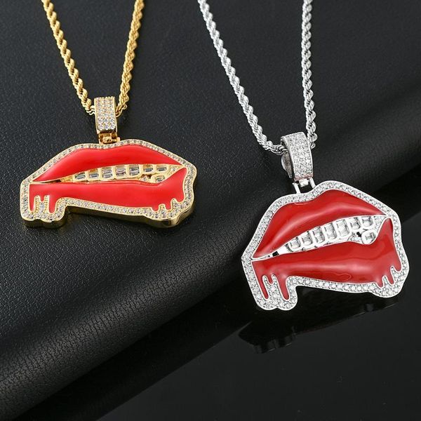 

pendant necklaces red lips dripping with baguette paved gold color iced out cubic zirconia hip hop jewelry for women gift, Silver