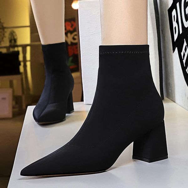 

boots 2021 women fetish satin stripper stretch short ankle lady winter block low 7cm high heels silk chunky shoes, Black