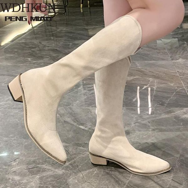 

boots 2021 stretch women's fashion knee high faux suede heels autumn winter plush woman shoes size 34-40 khaki black