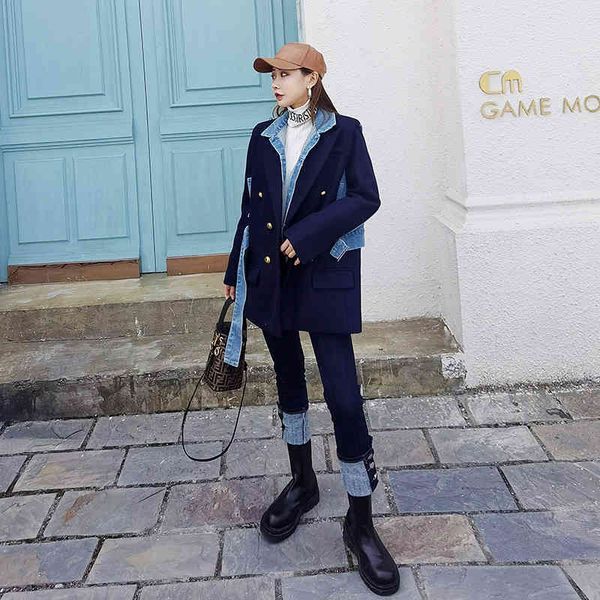 

suits european station winter style denim woolen suit jacket women loose mid-length niche design trend, White;black