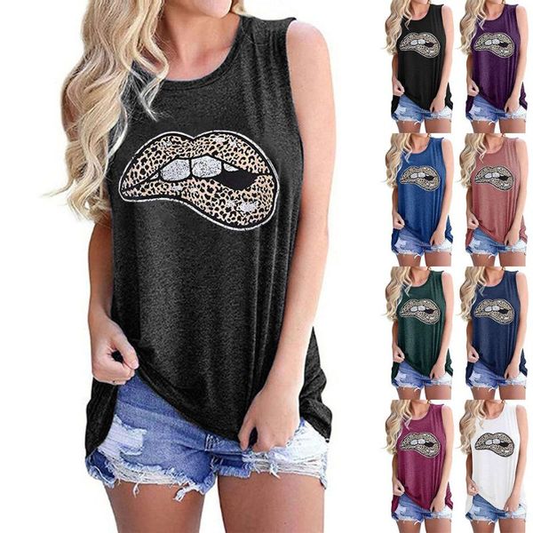 

women's t-shirt printed vest leopard print lips round collar sleeveless, White