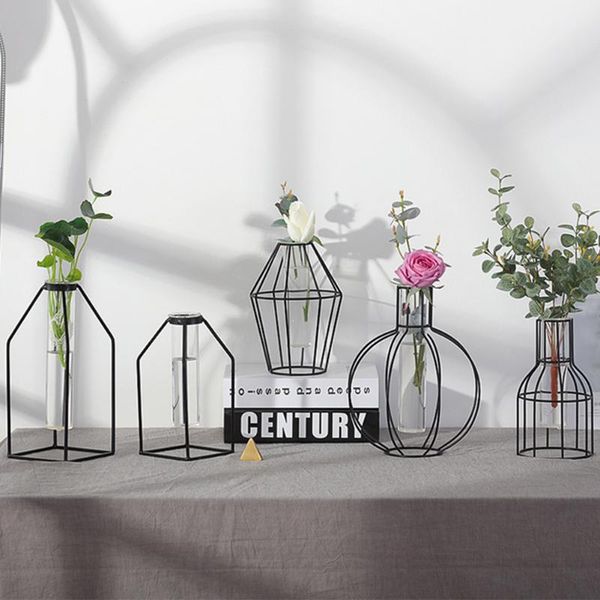 

vases nordic simple geometric iron vase transparent hollow glass hydroponic room dried flower arrangement plant home decor