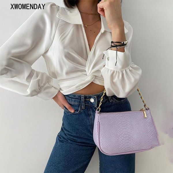 

women's blouses & shirts women puff long sleeve crop korean fashion bandage white shirt casual elegant v neck chic blouse spring su