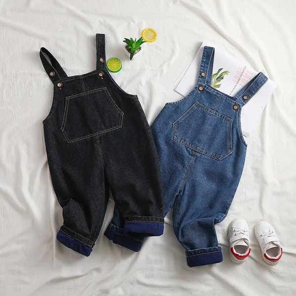 

jumpsuits 0-3 year old baby winter thicken overalls korean version denim trousers can open the crotch boys girls plus velvet jumpsuit, Blue