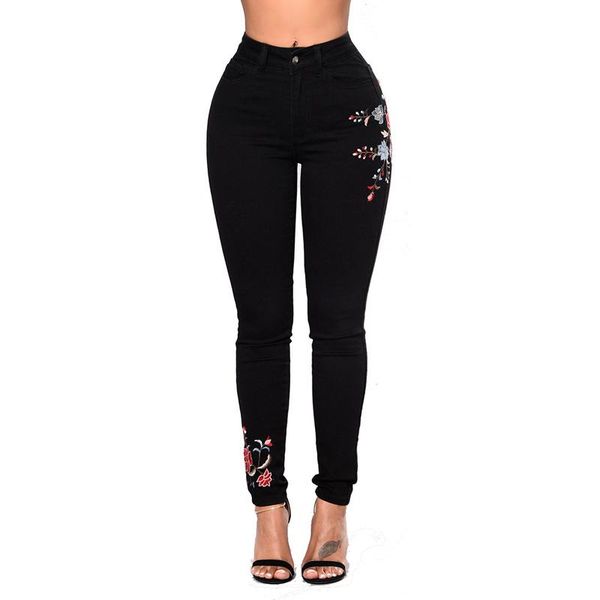 

women stretch high waist skinny floral print embroidery jeans denim pants trousers pencil pant plus size 3xl women's, Blue