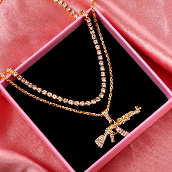 

chains flatfoosie gun long chain pendant necklace for women multilayer bling rhinestone tennis fashion punk jewelry, Silver