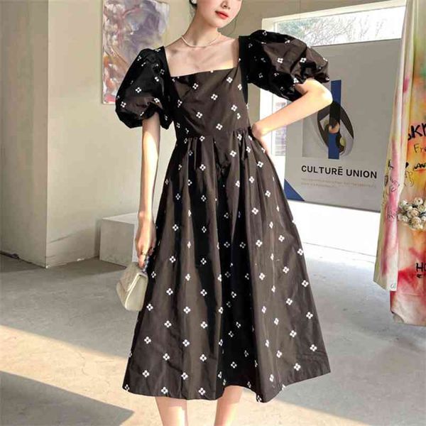 

korean fashion flower embroidery black party long dress women puff sleeve casual backless maxi dresses robes 210514, Black;gray
