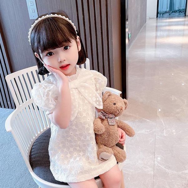 

kids dress for girls puff sleeve bow hollow out white pincess summer wedding ceremony birthday baby girl clothes girl's dresses, Red;yellow