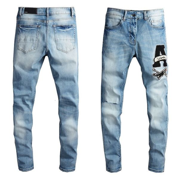 

fashion us am casual hip hop high street wear and tear make old wash splash ink color painting slim fitting jeans man #676, Blue