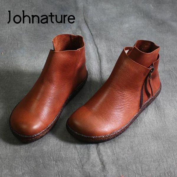 

boots johnature women genuine leather ladies shoes zip 2021 spring/autumn handmade retro leisure concise platform, Black