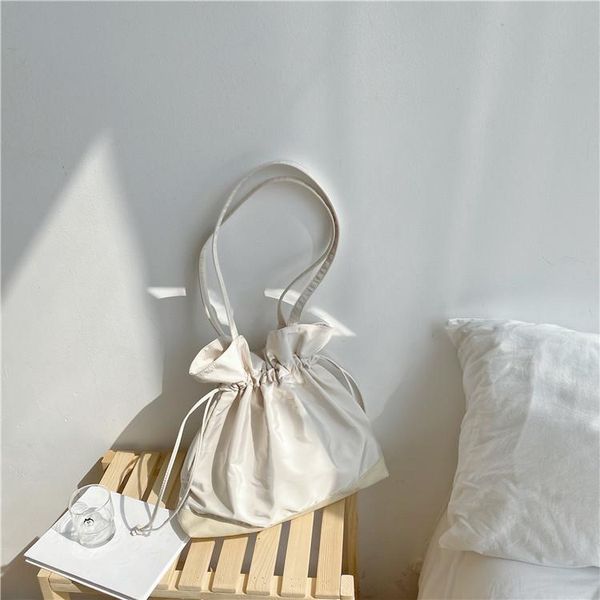 

solid color pleated canvas drawstring soft shoulder bag totes