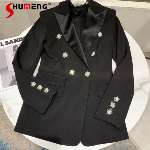 

spring fashion slim-fit satin blazer coat women's rhinestone double buckle lapel suit jacket female outwear suits & blazers, White;black