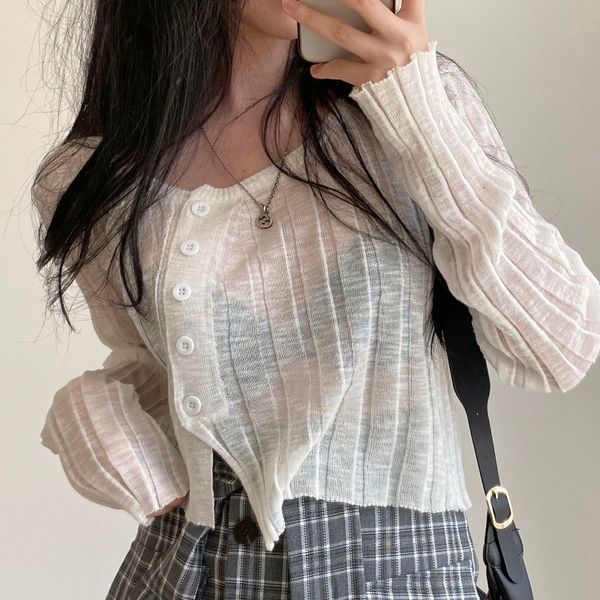 

women's blouses & shirts summer perspective thin section irregular long-sleeved sunscreen sweater female loose slim slide button d, White