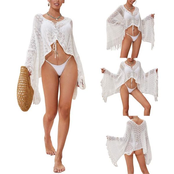 

women's swimwear swimsuit summer sunscreen solid color hollow cross straps v-neck long sleeve set with tassels, White;black