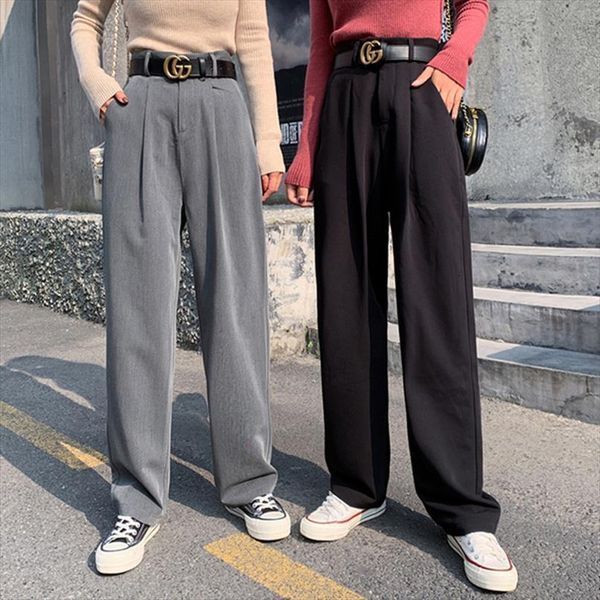 

dropship stretch high waist pocket women pant shaping dress office casual trousers wide leg lady black suit, Black;white
