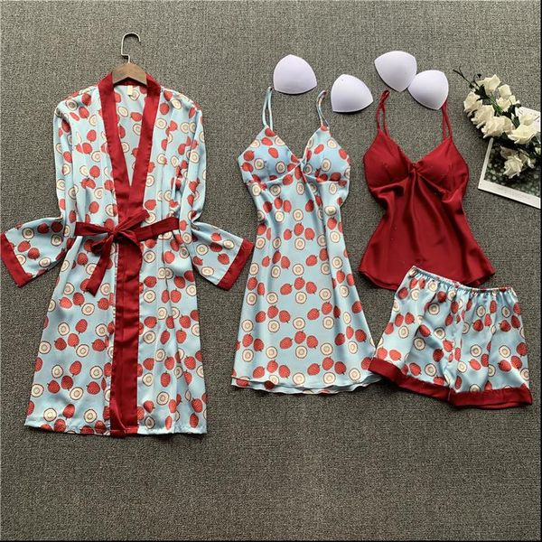 

silk pajamas overall printing 4 women sleepwear pieces pyjamas set satin pijamas mujer nightwear home clothes, Black;red