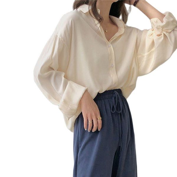 

women's blouses & shirts silk woman blouse shirt soft breathable casual turn down collar long sleeve loose solid vintage quality, White