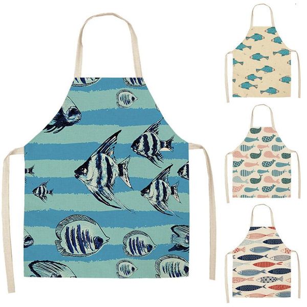 

aprons 1pc fish marine style cotton linen kitchen apron 55x68cm for woman home cooking baking coffee shop cleaning accessory