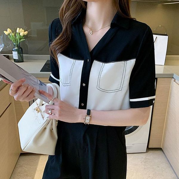 

women's blouses & shirts black and white patchwork button up shirt women short sleeves 2021 summer office ladies chiffon fashion elega