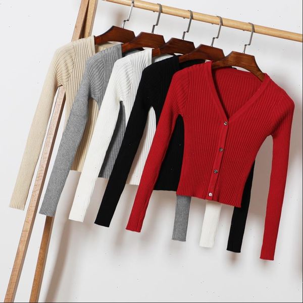 

spring autumn v neck knitted women sweaters full sleeve cropped cardigans knit short stretchy outwear coat for female, White;black