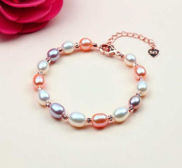 Joyería de moda mujer señora corazón marca 925 encanto pulsera 7MM natural agua dulce perla pulsera blanco rosa color rosa púrpura