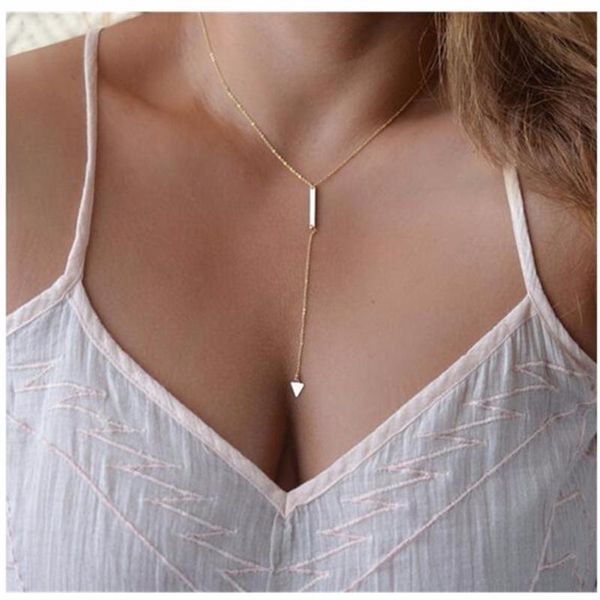 

creative personality european and american simple metal strip geometric triangle tassel women's short clavicle chain female pendant nec, Silver