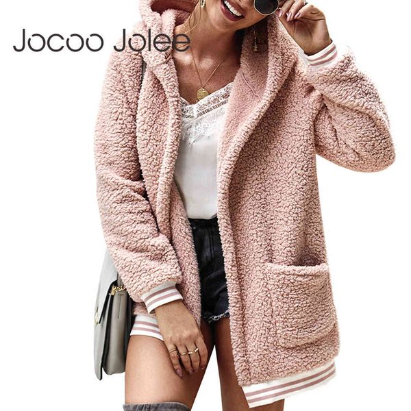 

women autumn faux fur coat long jackets striped pockets overcoats casual teddy coats winter outwear plus size 210428, Black