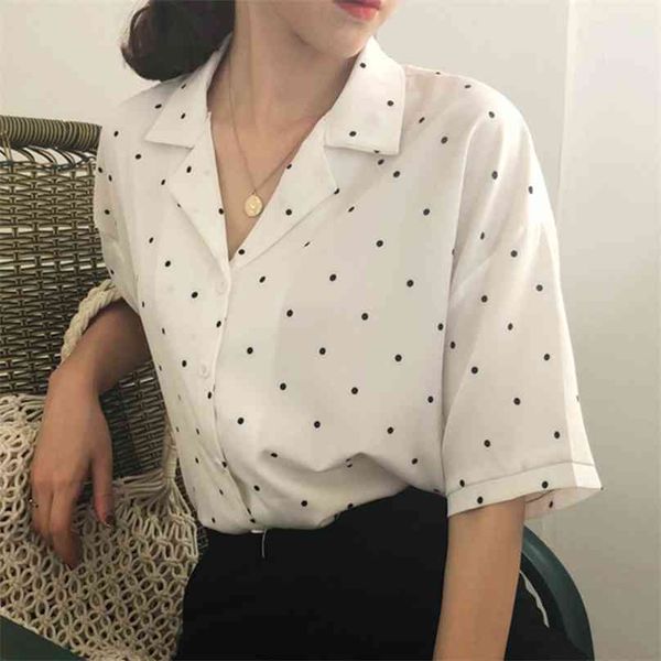 

women blouse polka dot shirt summer short sleeve v neck casual elegant print female clothing white shirts #366 210719