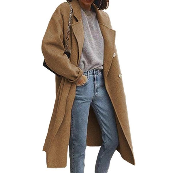 

women's trench coats winter for women solid color turn-down neck full sleeve ladies long overcoats single breasted casual warm outwear, Tan;black
